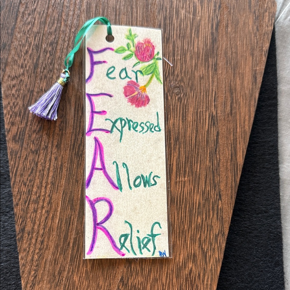 Handcrafted  Floral Bookmark with Purple Tassel - 
Fear Expressed Allows Relief
